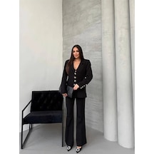 Tane Tasarım Kadın Gold Yıldız Düğmeli Blazer Ceket&flare Pantolon Takımı Siyah Siyah