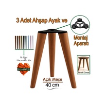 3 Adet Ahşap Ayak 40 Cm Açık Meşe M8 Civatalı Bağlantı Aparatlı Mobilya Tabure Sehpa Masa Destek Ayağı Açık Meşe