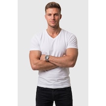 Rizzup Erkek Beyaz Slim Fit %90 Pamuk V Yaka Likralı Yumuşak Dokulu Basic Tişört 1801165