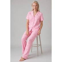 Ekose Fiyonk Desenli Kısa Kollu Pijama Takımı Kadın Düğmeli Uzun Alt Pembe Pijama Takımı 4633