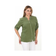 Lady Majestic %100 Cotton Hakim Yaka Büyük Beden Kadın Müslim Kumaş Gömlek Haki
