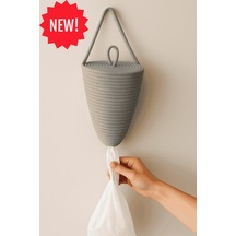 Poşetlik Halat İp El Dokuma Duvar Askılı Saklama Torbası Ev Düzenleme Aksesuarı Sepet 30 X 20 Cm Gri