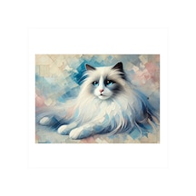 Beyaz Kedi Portresi Desenli Ahşap Tablo