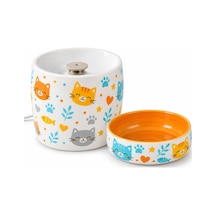 Kedi Porselen Su Pınarı Ve Mama Kabı 2'li Set Otomatik Filtreli Pompalı Seramik Su Sebili, 1.3 L, 600 Ml Kase, Led Işıklı, Sari-kedi