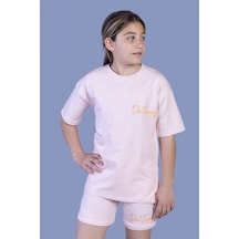 Toontoy Kids Toontoy Kız Çocuk Baskılı Taş İşlemeli Şortlu Takım Pudra
