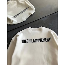 Kışlık Bisiklet Yaka Oversize Baskılı Sweatshirt - Beyaz Beyaz