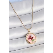 316l Çelik Gold Renk Zincir Pembe Mineli İncili Çiçek İşlemeli Portre Model Kadın Kolye - Tj-bko10155 Çok renkli