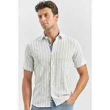 İmza Koyu Mavi Kısa Kollu Çizgili Armürlü Pamuklu Casual Slim Fit Dar Kesim Gömlek 1004240245 Koyu Mavi