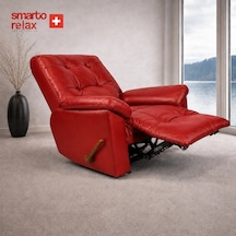 Smarto Relax Vıp Manuel Tv Koltuğu Gerçek Italyan Deri, Ceviz Ahşap Sırt Detaylı Baba Koltuğu Kırmızı