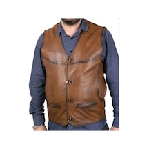 Hakiki Kuzu Derisi Kahverengi Leon Düğmeli Erkek Deri Yelek Taba