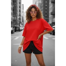 Mily Kadın Oversize Basic Bisiklet Yaka Pamuklu T-shirt Rahat Kesim Unisex Sevgili Kombini Kirmizi