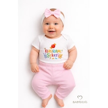 Babyden's Kız Bebek Bayramlık 3'lü Takım Bayram Şekeri Baskılı Body Pantolon Fiyonk Saç Bandı Kombini Pembe