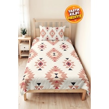 Etnik Geometrik Pudra Genç Odası Tek Kişilik Pike Takımı - Bohem Antrasit 160x220 Cm Yatak Örtüsü Ekru