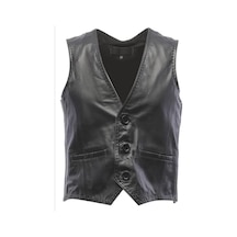 Hakiki Deri Siyah Üç Düğmeli Erkek Deri Yelek Siyah