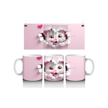 Pembe Kalpli Çatlak Duvar Arasından Bakan Sevimli Kedi Kupa Çok Renkli