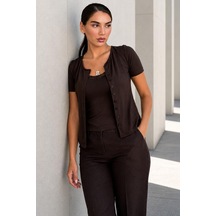Madmext Acı Kahve Dantel Detaylı Slim Fit Kısa Kol Kadın Hırka Mg2710 Acı Kahverengi