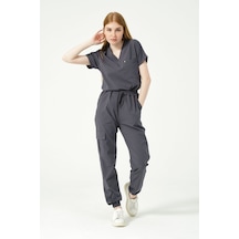 Füme Likralı Scrubs Kargo Cep Jogger Paça Doktor Hemşire Forması Yarasa Kol Takım Unisex