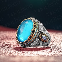 Takılingo 925 Ayar Gümüş Oval Akuamarin Taşlı Usta İşi Erkek Yüzük Gümüş
