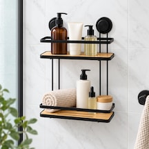 Deconox Metal Bambu Banyo Rafı 2 Katlı, Delmeden Yapışkanlı Duş Düzenleyici Raf, 25 X 10 Cm, 32 Cm Yükseklik, Şampuan Ve Duş Jeli Organizeri Aahşap