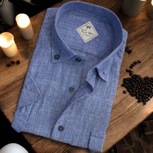 Linen Keten Klasik Kısa Kollu Mavi Çift Cepli Erkek Gömlek Regular Kalıp -9999 Mavi