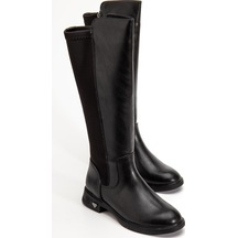 Siyah Kadın Çizme Düz Taban Streç Fermuarlı-4331 Siyah