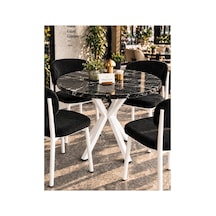 Kalınlaştırmalı Mutfak Cafe Balkon Bahçe Restoran Yemek Masası 70x70 Beyaz Siyah Traverten Yuvarlak Mermer Desen - Beyaz Mermer Desen - Beyaz