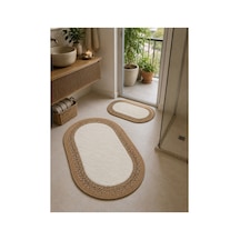 Oval Örgü Desenli Pelüş Detaylı 2'li Kahverengi Hasır Dekoratif Paspas 60x100 / 50x60 Kahverengi Kahverengi