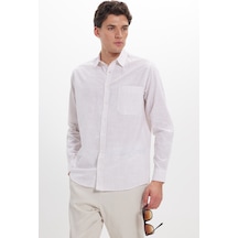 Tudors Erkek Regular Fit Klasik Kesim Oversize Uzun Kollu %100 Pamuk Keten Doku Tek Cepli Çizgili Bej Gömlek-42405