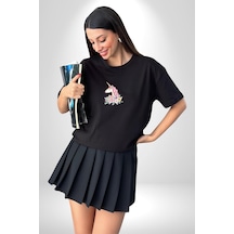 Unicorn Çiçek Siyah Oversize Unisex Ön Orta Minimal Baskılı Tişört Siyah