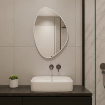 30x44 Cm Modern Asimetrik Dekoratif Ayna Organik Tasarım Beyaz Çerçeveli Banyo Ve Salon Duvar Aynası Beyaz