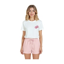 Kadın Beyaz Relaxed Fit %100 Pamuk Tişört Pembe Kalp Zar & Mini Beyaz