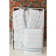 Mint Squares Şal Yaka Bornoz + Baş Havlusu Set- L Beden
