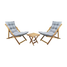 Ahşap Katlanabilir Taşınır Puf Minderli Şezlong. Plaj, Bahçe, Teras, Balkon İçin 3 Lü Set Gri