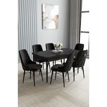 Jusie Siyah Mermer Desen 80x132 Açılabilir Mutfak Masası Takımı 6 Adet Sandalye Siyah