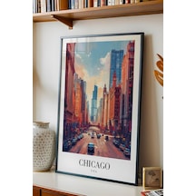 Chicago Usa City Architecture Vintage Poster Çerçeveli Tablo - Premium Şehir Elit Duvar Dekoru Siyah