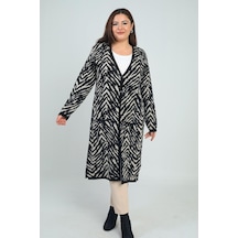 By Saygı Kadın Zebra Desenli Cepli Büyük Beden Triko Uzun Hırka-41902 Siyah-taş