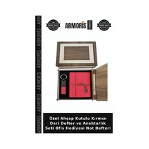 Özel Ahşap Kutulu Kırmızı Deri Defter Ve Anahtarlık Seti Ofis Hediyesi Not Defteri Çok Renkli