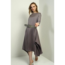 Kadın Çeyrek Kollu Beli Kemerli Asimetrik Krep Saten Midi Elbise-40675 Haki Kadın Çeyrek Kollu Beli Kemerli Asimetrik Krep Saten Midi Elbise-40675 Haki