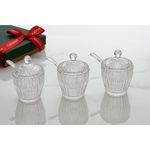 Line Çizgili Desen Yuvarlak Plastik Kaşıklı Cam Şekerlik Seti - 3 Adet Şeffaf