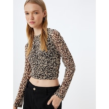 Koton Leopar Tül Bluz Crop Uzun Kollu Bisiklet Yaka Büzgülü Bej Desenli 5wal60024ık Ekru