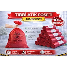 Tıbbi Atık Poşeti Jumbo Boy 10'lu 10 Rulo Kırmızı Tıbbi Atık Atık Poşeti Seti
