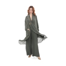 Bohem Stil Italyan Ipek Detaylı Oversize Kap Bluz- Wes Pantolon Takım-8789 Haki