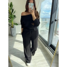 Dogutrend Kadın Uzun Kollu Tek Omuzdan Açık Modal Bluz Ve Pantolon Ikili Takım Siyah
