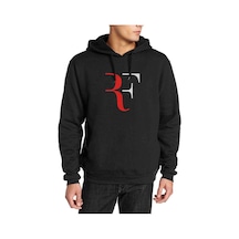 Roger Federer Rf Baskılı Siyah Erkek Örme Kapşonlu Sweatshirt