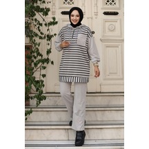 Genel Markalar Moda Efsa Tesettür Giyim Kapüşonlu Ve Önü Yarım Fermuarlı Çizgili 2 İplik Pantalon İle Tunik Takım Gri Gri
