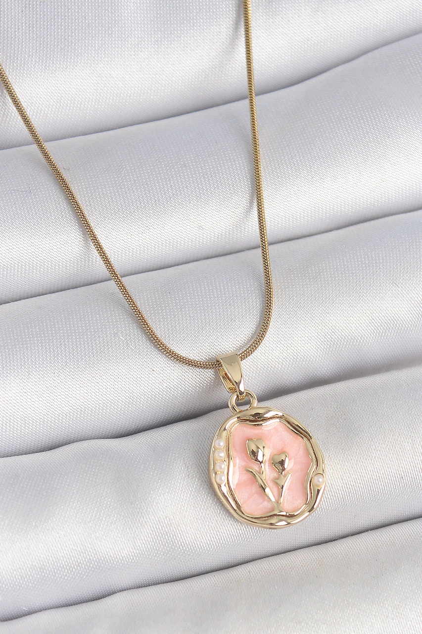 Nova Bazaar 316l Çelik Gold Renk Zincir Pembe Mineli Çiçek İşlemeli Portre Model Kadın Kolye Pembe