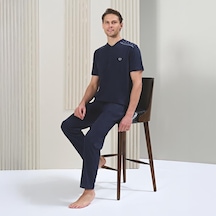 Over Sleep By Poleren Over Sleep 1718 Erkek Kısa Kol Uzun Alt Yazlık Büyük Beden Pijama Takım Lacivert