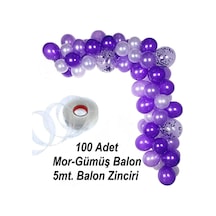 100 Adet Metalik Balon Ve 5 Metre Balon Zinciri Mor - Gümüş Karışık Uçan Balon A