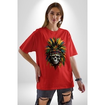 Kurukafa İskelet Kızılderili Tüy Kartal Şefi Pamuklu Bisiklet Yaka Unisex Oversize Boyfriend Dijital Baskılı Kırmızı T-shirt Kırmızı