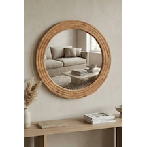 Antik Ahşap Dekoratif Ayna Yuvarlak Banyo Duvar Aynası 43 Cm Naturel